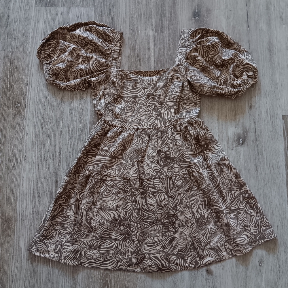 House of Harlow 1960 Mini Brown Dress Small Linen Puff Sleeve Babydoll NWOT